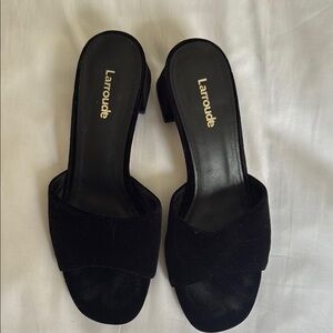 Larroude Black Velvet Heeled Mules